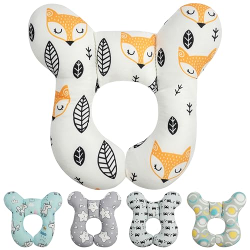 Alaoo Cuscino da Viaggio per Bambini, Cuscino di supporto per la testa del bambino per neonati, Cuscino da viaggio in cotone morbido, Adatto per seggiolini auto, passeggini(Volpe-B)