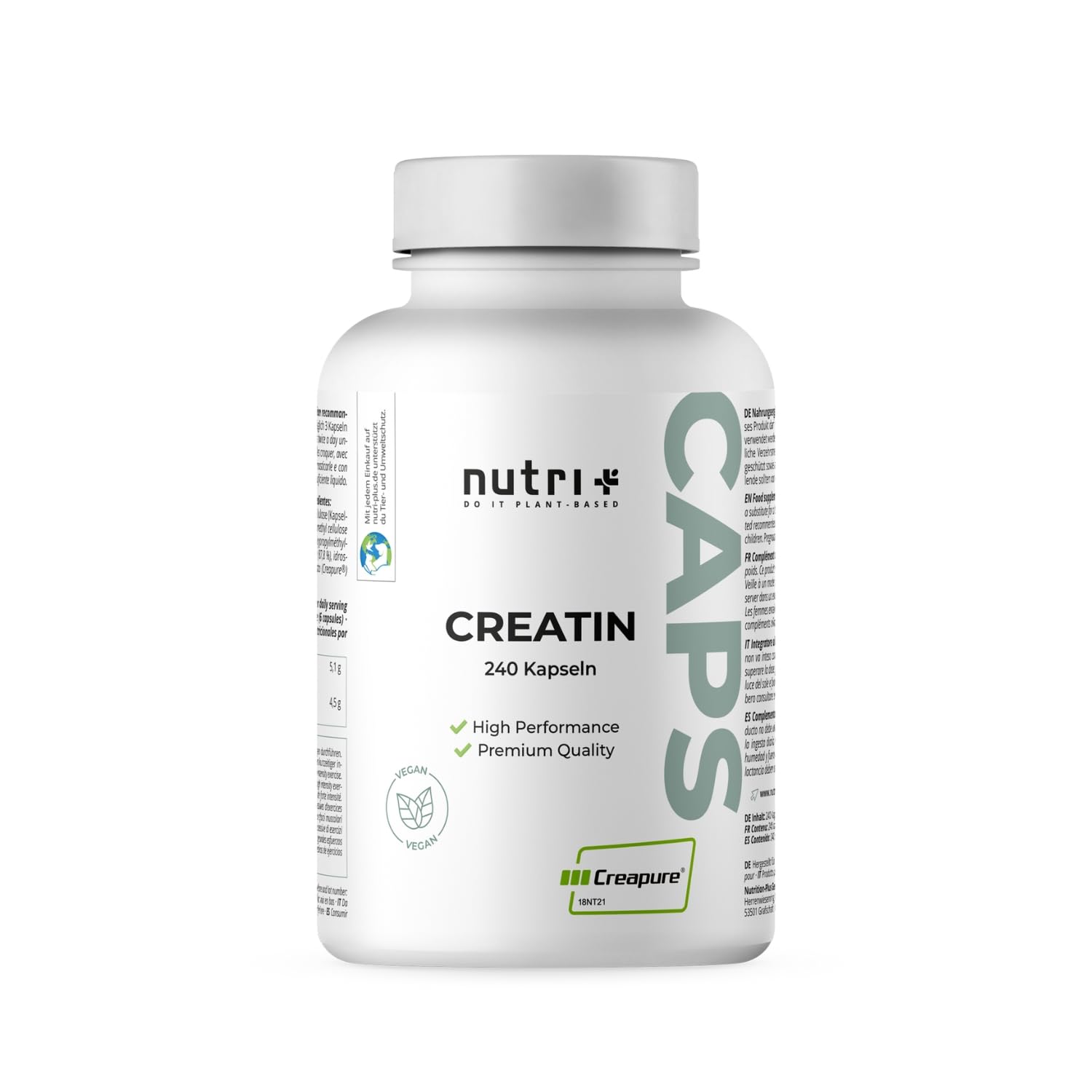 Nutri+ Creatina Creapure Capsule – 240 Capsule Vegane, 700 Mg Di Creatina Monoidrato Pura Al 99,99%, Prodotta In Germania, Per Forza E Massa Muscolare
