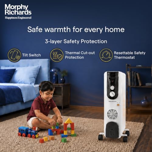 Image of Morphy Richards OFR 13F 13-Fin Oil Filled Radiator Room Heater | 2900W (2500W + 400W PTC Fan) | Adjustable Thermostat, Safety Shut-Off, Castor Wheels | White
