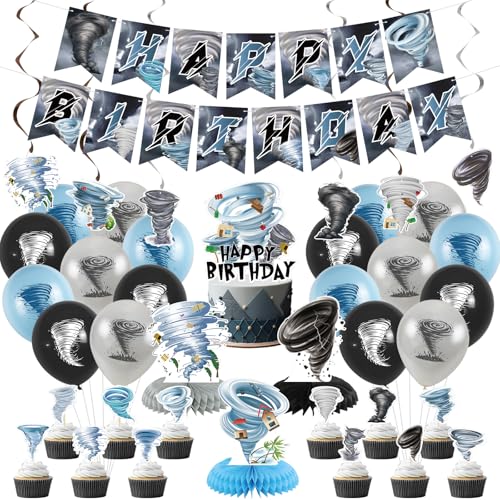 Image of Tornado Birthday Party Decorations - Tornado Party Supplies including Happy Birthday Banner, Spirals, Cake Toppers, Table Centerpieces, Balloons, Tablecloth (LQ)