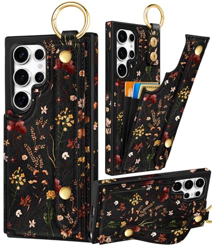 Petitian for Samsung Galaxy S23 Ultra Case with Wallet - Women Girls Cute Girly Aesthetic Unique Design Leather Credit Card Holder Cardholder Stand Wristband for S23 Ultra Grow Flower