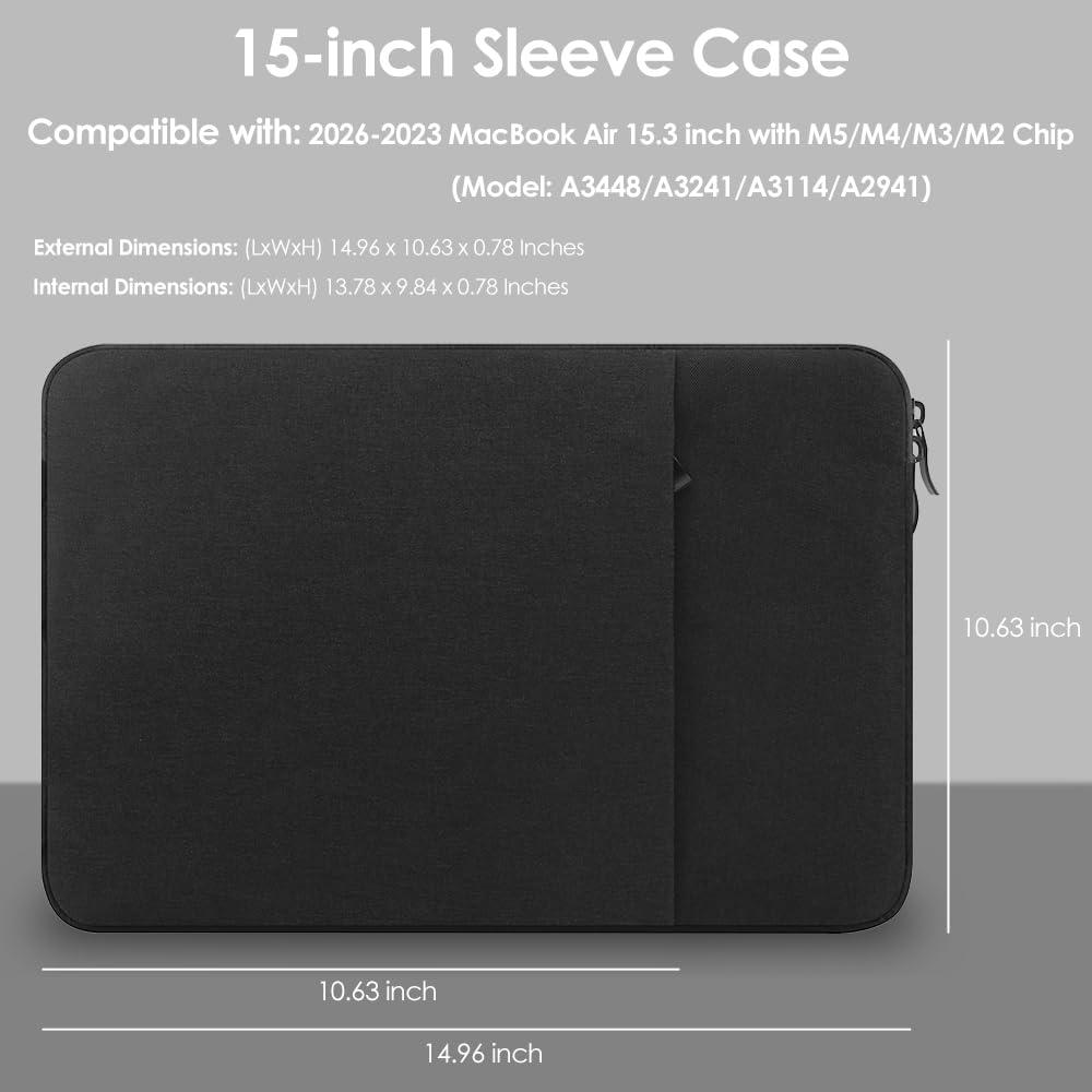 ProElife Housse 15 Pouces pour MacBook Air 15 Pouces M5 M4 M3 M2 (2026-2023) A3448/A3241/A3114/A2941, Sac résistant à l'eau, Transport et Voyage (Noir)