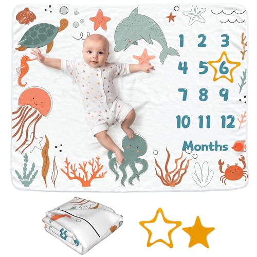 Image of Ocean Baby Monthly Blanket for Girls, Newborn Month Blanket, Soft Flannel Photography Background Prop, Personalized Shower Gift, Ocean