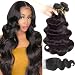 QTHAIR 10A Brazilian Human Hair Body Wave with 4x4 Middle Part Lace Closure(14 16 18 with 12 inch,Natural Black) 100% Unprocessed Virgin Brazilian Body Wave Hair Weave Bundles Body Wave Closure