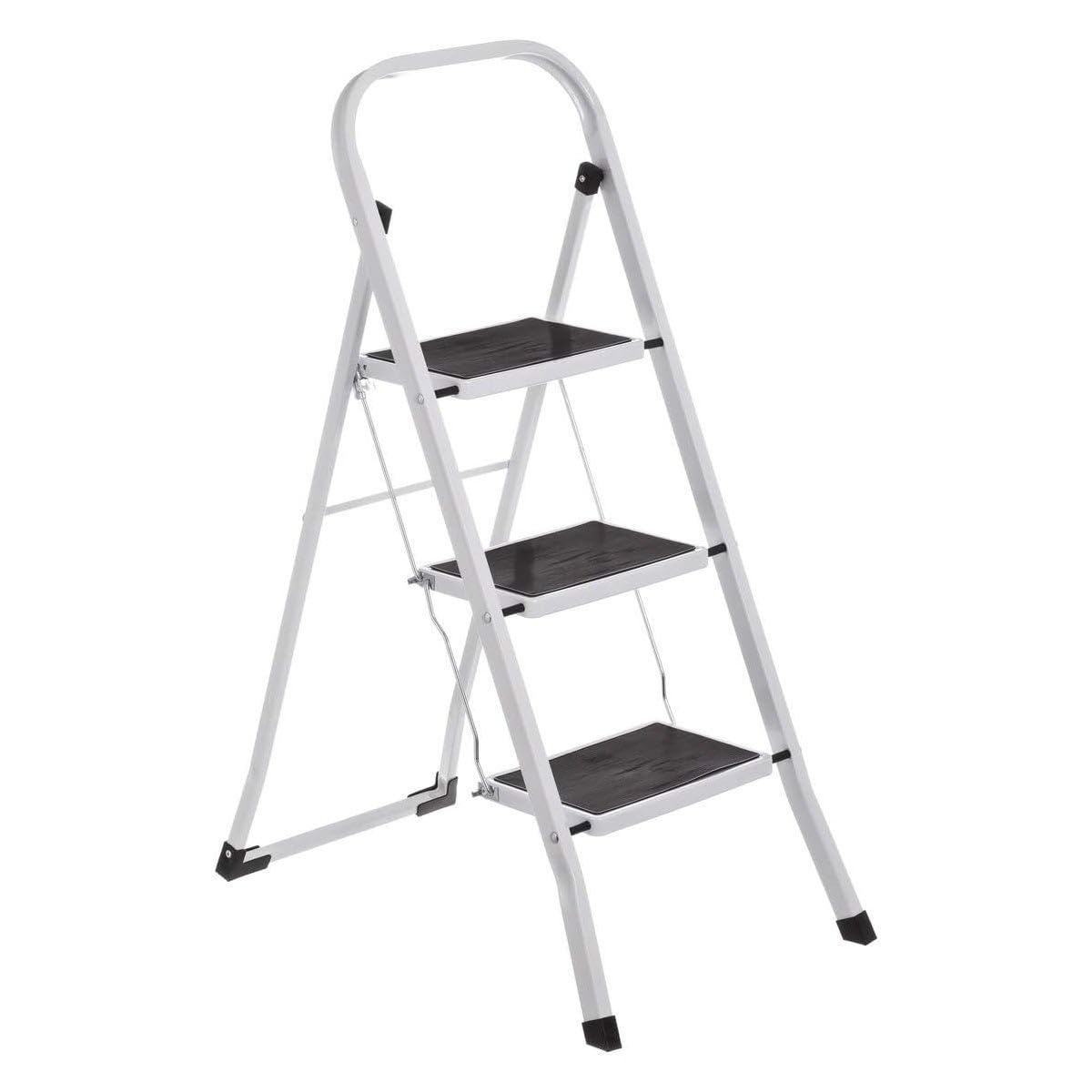 LOLAhome - Escalera Plegable de 3 peldaños Antideslizantes en Acero Blanco de 105x71x46 cm. Diseño Seguro y Ligero con asa, soporta 150 kg. Alcanza altillos o cuelga Cortinas fácilmente.