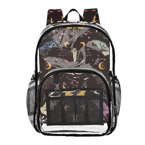 Bats Moon Stars and Moths Clear Backpack PVC Transparent Backpack Lightweight Book Bags Capacity Clear Bag for Boys Girls