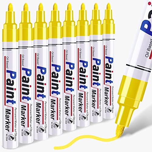 Yellow Paint Pen Permanent Paint Markers - 8 Oil Based Paint Pens Medium Tip Quick Drying and Waterproof Marker Pens for Metal Rock Painting Wood Fabric Plastic Canvas Mugs Yellow Markers Pen