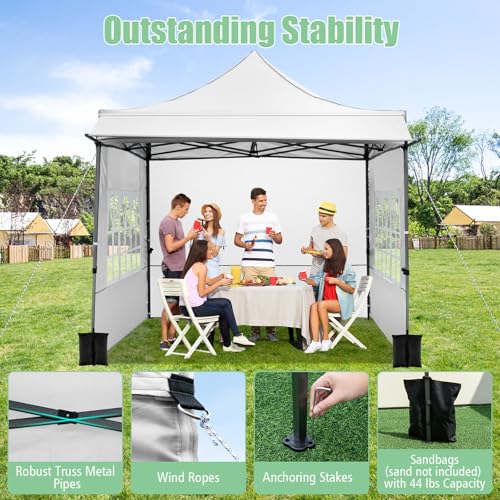 Image of Tangkula 10x10 FT Pop Up Canopy, Outdoor Tent with 3 Sidewalls & Awning, Wheeled Bag, 4 Sandbags, 8 Stake, 4 Ropes, Portable Canopy Tent for Party Picnic Event Beach Camping (White)