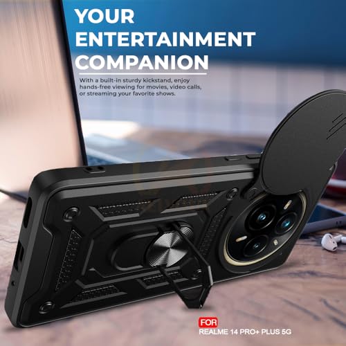 Image of Armor Bumper Back Cover Case for Realme 14 pro Plus 5g Rotating Camera Cover, Ring Holder & Kickstand | Heavy Duty & 360 Degree Protection Realme 14 pro Plus 5g Back Cover (Black)