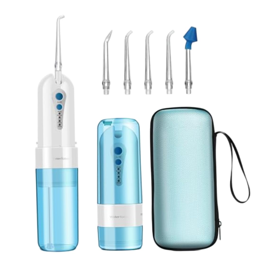 Flosser de agua inalámbrico - Irrigador oral recargable azul portátil con estuche de viaje, IPX7 impermeable 4 modos 5 boquillas para viajes a casa