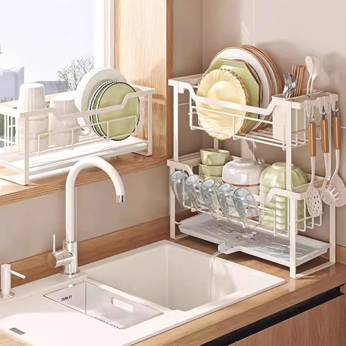 Abtropfgestell für die Spüle, Karbonstahl, Küchenorganizer mit Ablaufschale und 5 Haken, platzsparender Caddy für Küche und Bad