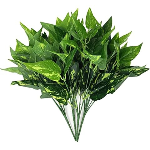 Artificial Scindapsus Aureus Decor, Plastic Realistic Green Leaves Shrubs Fake Plants Faux Grass Bushes Greenery for Indoor Outdoor Home Garden Verandah Office Table Arrangements Decoration 4 Pack Cover