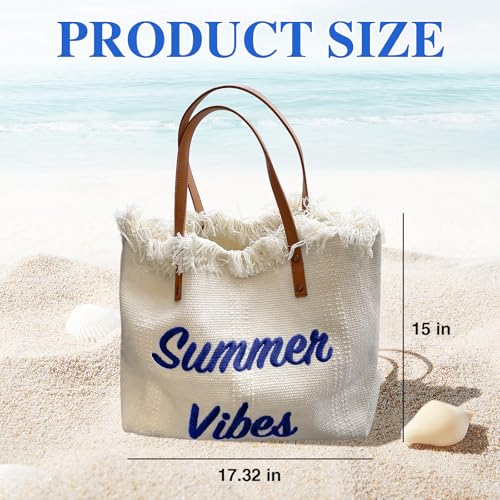 Image of Women Large Beach Canvas Tote Bag Summer Vibes Beach Bag Big Capacity Tassel Handbag