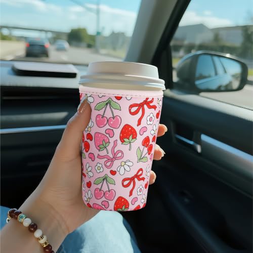 Image of Reusable Insulated Sleeve for Iced Coffee Cup, Coffee Neoprene Sleeve for Cold & Hot Drinks, Beverage Holder for Iced Coffee (Cherry Ribbons, Small: 16-18oz)
