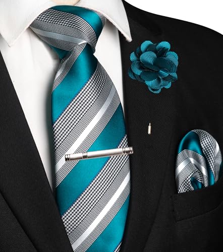 Image of JEMYGINS Mens Striped Tie and Lapel Pin Necktie Pocket Square and Tie Clip Sets for Business Casual 4PCS