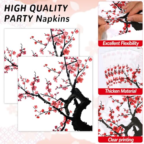 Image of 96Pcs Hibachi Party Decorations Chinese Japanese Cherry Blossom Tableware Sets Cherry Flowers Party Plates and Napkins for Hibachi New Year Spring Festival Wedding Supplies for 24 Guests