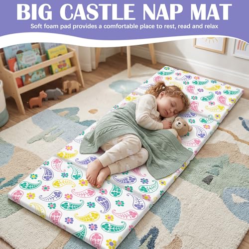 Image of Shellwei Vinyl Nap Mat Kid Preschool Daycare Sleep Mat,Paisley Design | 1 inch Thickness, 45 inch x 19 inch x 1 inch, 4-section Softness Rest Mat, Suitable for Daycare Travel, and Home, Easy to Clean
