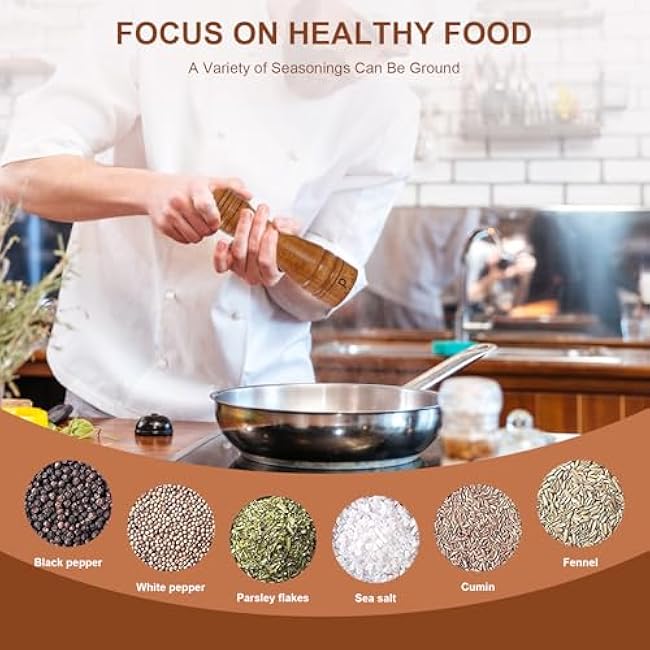 Wooden Salt and Pepper Grinder Set with Stand - 8-inch Oak Wood Salt Mill Pepper Grinder Set, Adjustable Ceramic Core, 2 Pepper Mills + Wooden Spoon & Cleaning Brush (Kitchen Essential)