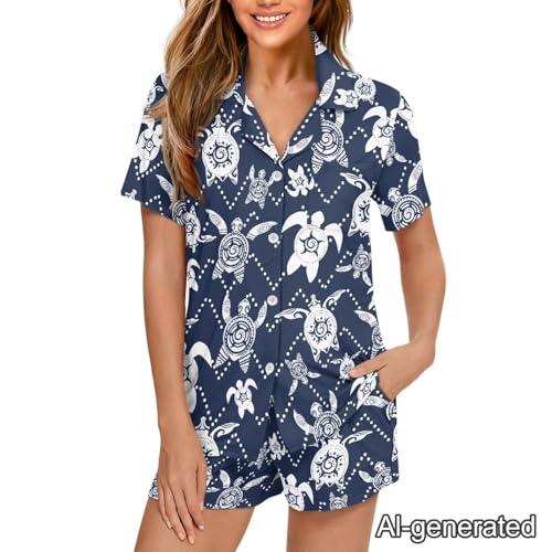 Image of Renewold Women's Short Sleeve Pajama Set Button Down Sleepwear with Notch Collar Soft Lounge Top and Shorts with Pockets
