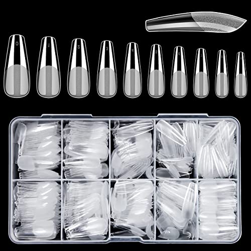 JASSINS 504Pcs Coffin Nail Tips, 10 Sizes Acrylic Fake Nail Tips Half Matte Coffin Full Cover Gel Nail Tips, Clear False Nail Extension Kit, Home Salon Nail Art Manicure Set
