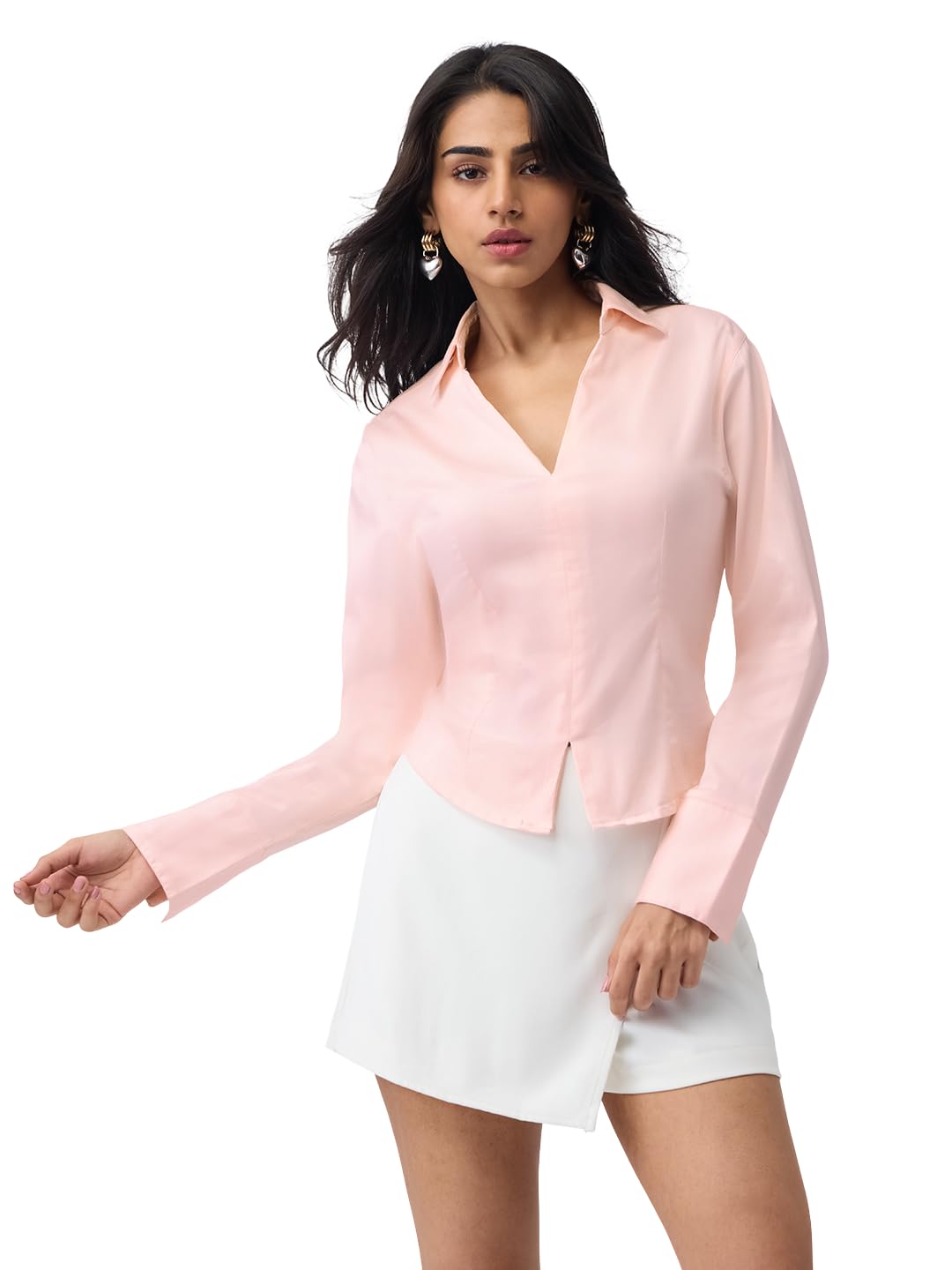 The Souled Store Rosebud Fitted Shirt: Women and Girls Full Sleeves V-Neck Light Pink Solid Cotton Blend Slim Fit Lightweight Summer-Ready Casual and Business Wear Fitted Shirt in pink