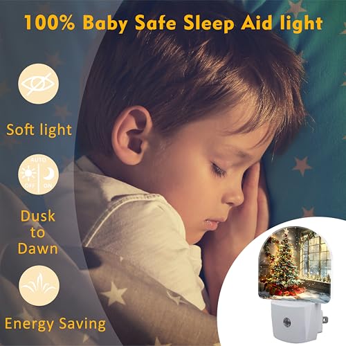 Image of Christma Room Full of Gifts Night Light, Christmas Tree with Red and Gold Ornaments Dusk to Dawn Plug in, 0.5w Energy Saving Sleep Friendly NightLight for Kids Boys Girls Home Decor
