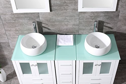 Bathjoy 60" White Double Wood Bathroom Vanity Cabinet And Round Ceramic Sink W/Mirror Combo Wash Basin With Faucet #TOP5