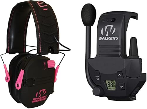 Walker's Game Ear Razor - Orejeras electrónicas delgadas, color rosa y navaja Walkie Talkie comunicación manos libres hasta 3 millas, color negro