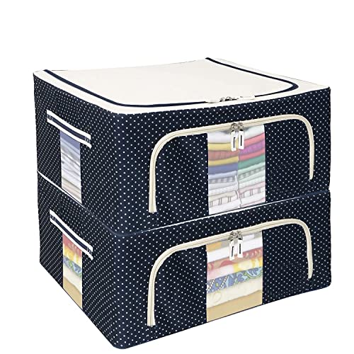 Image of FLYNGO Foldable Steel Frame Clothes Organizer Storage Box For Wardrobe, Saree, Shirts, And Blankets (44 Ltr - Pack Of 2, Oxford Fabric), Blue