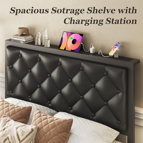Image of Fluest Twin Bed Frame with Storage Drawer, Upholstered Headboard Button Tufted Bed Frame with Charging Station, No Box Spring Needed, Noise-Free, All Metal Structure, Black