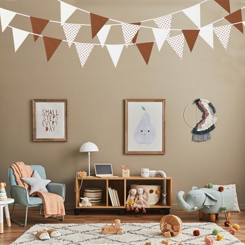Image of Zwiebeco 39Ft Brown White Dot Fabric Bunting Banner Triangle Flags Cotton Garland Pennant for Birthday Wedding Forest Wild One Safari Party Home Outdoor Garden Decorations