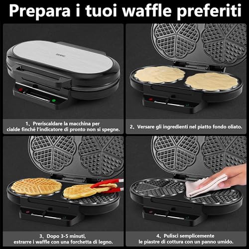 YASHE SW-2122M Belgische Waffel Piastra Waffle Cuore, 10 Waffle Classici a Forma di Cuore con Rivestimento Antiaderente, 5 Regolazioni di Temperatura, Spie Luminose, 1200W, Argento/Nero - immagine 6