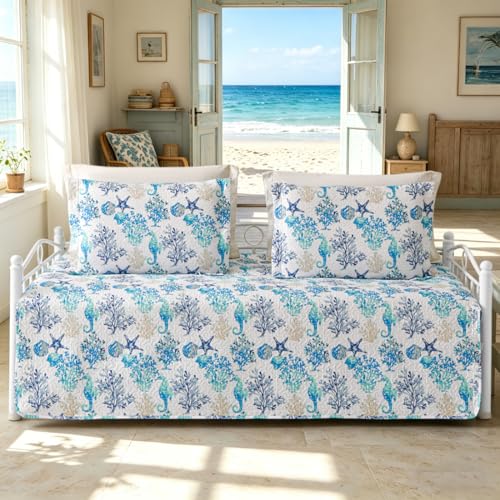 Image of Jarson 3 Piece Beach Daybed Cover Set Twin Size Coastal Quilted Daybed Bedding Sets Double Side Cozy Ocean Sofa Daybed Cover with 2 Shams