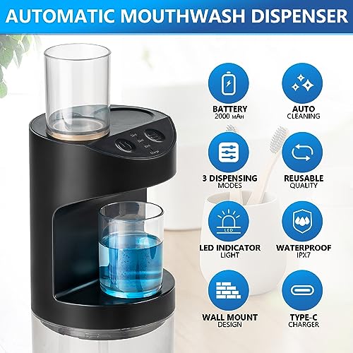 Image of ZOFGENOW Automatic Mouthwash Dispenser for Bathroom,Bathroom Accessories 19.4 Fl Oz Dispensers with Magnetic Cups,Wall Mounted Dispenser,Suitable for All Age Groups,Black