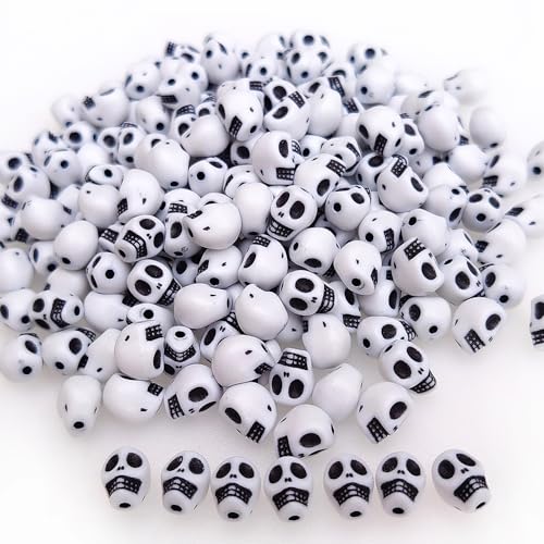 200+ Pieces 10x8mm Halloween Skull Beads for Jewelry Making Bracelets Necklaces Key Chains White Acrylic Mixed Skeleton (Black on White)