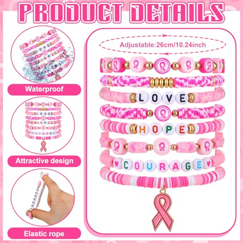 96 Pieces Pink Ribbon Breast Cancer Awareness Bracelet for Women Adjustable Hope Fight Courage Bracelets Bulk Ribbon Beaded Bracelets Set for Woman Gift Party Favors3