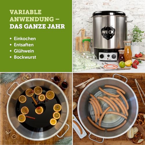 WECK Einkochautomat WAT25 (Finale Serie) Edelstahl mit Präzisionsthermostat & Zeitschaltuhr – 30L Einkochtopf, Glühweinkocher, Dampfentsafter, Einweckautomat – Made in Germany, hochwertig & vielseitig