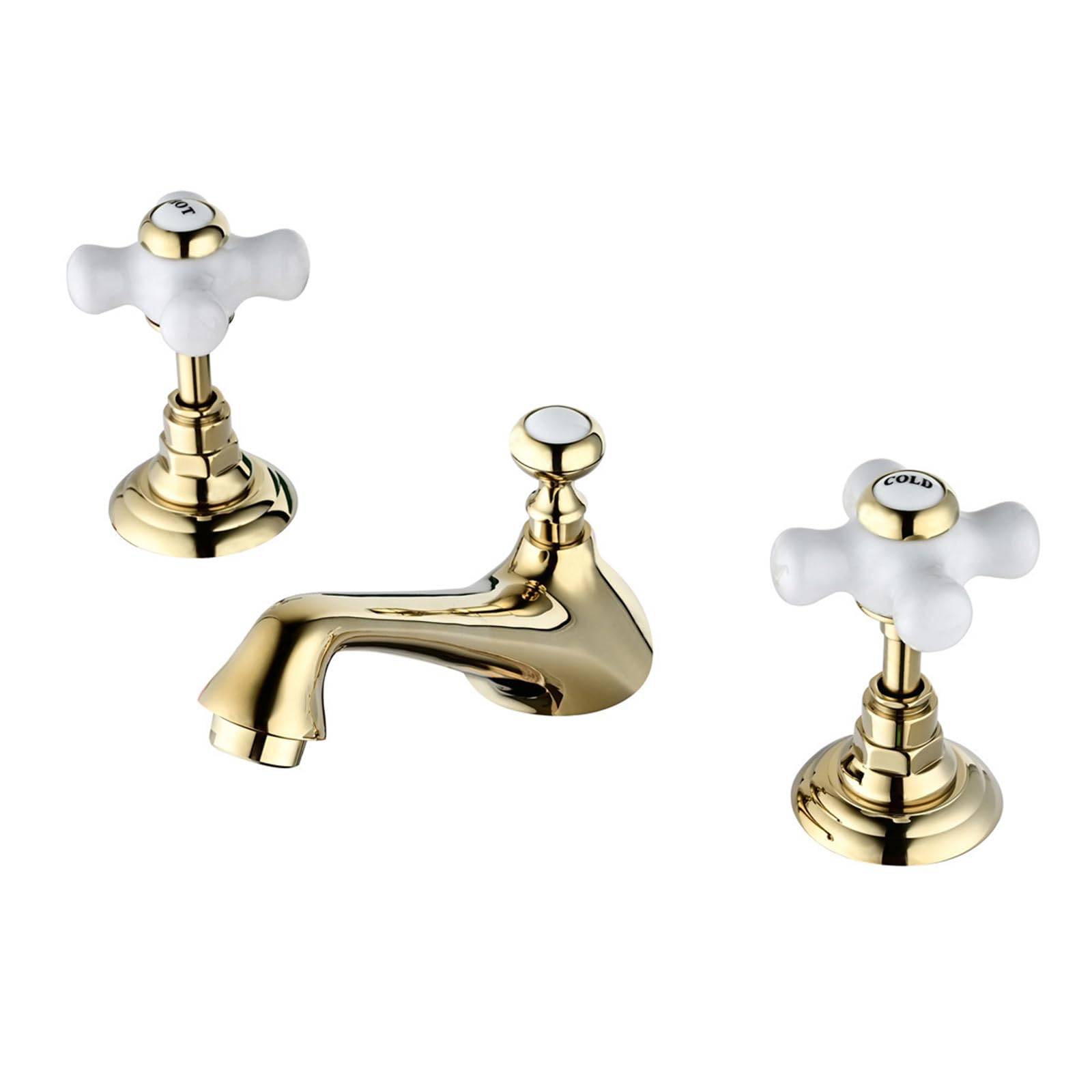 Robinet salle bain dore a double poignee et mitigeur trois trous