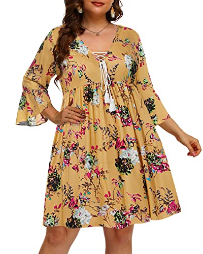Women's Plus Size Boho Dress Floral V Neck Tassel Bell Sleeve Casual Summer Beach Flowy Mini Dress4