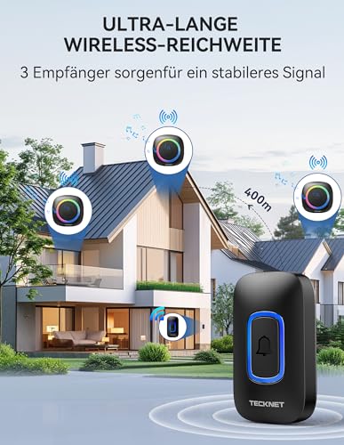 TECKNET Funkklingel, Kabellose Türklingel mit RGB Licht, IP66 Wasserdicht Außen Funkklingel Batteriebetrieben, 400m Reichweite, 60 Melodien, Funk Klingel Haustür Kit mit 4,5 Jahre Lebensdauer