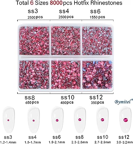 Image of Bymitel Hotfix Crystal Rhinestones Round Gems for Crafts,Mixed 6 Sizes with Wax Pencil Kit, Rose1.3-3.2mm(SS3-SS12 /8000pcs)