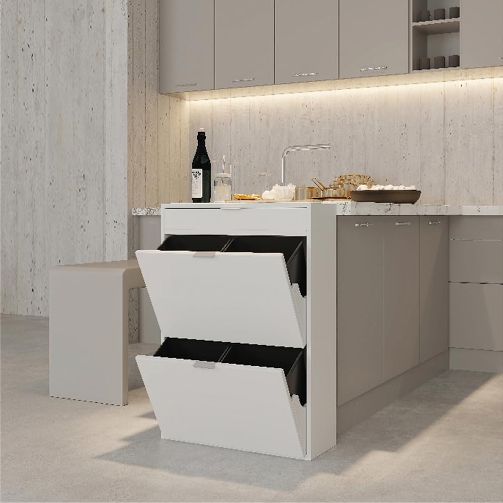 Ease Mülleimer Küche 4 Fächer, 4 x 10L Recycling Große Abfalleimer aus Kunststoff Mülltrennsystem, Recycling Schrank für Mülltrennung, Mülleimerschrank für Küche Wohnung Büro, Weiß 2
