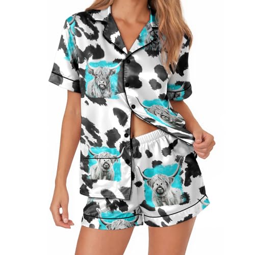 Image of Women 2PCs Satin Pajama Set Short Sleeve Silk Feel Gift Sleepwear | Soft stretch satin; relaxed comfort fit sizes S-3XL for sleep & lounge; short sleeve top, elastic waist shorts; easy care
