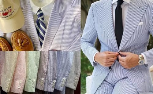 HUUTOE Mens 2 Piece Seersucker Prom Suit Leisure Sear Sucker Suit for Men White Summer Beach Wedding4