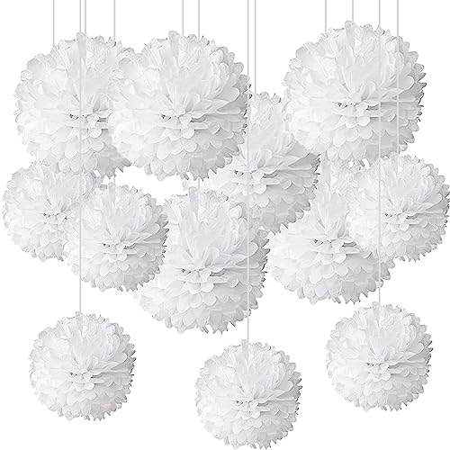 Lot de 12 Pompons Papier de soie Blancs pour Décoration Suspendre de Plafond de Fête - 30,5 cm, 25,4 cm