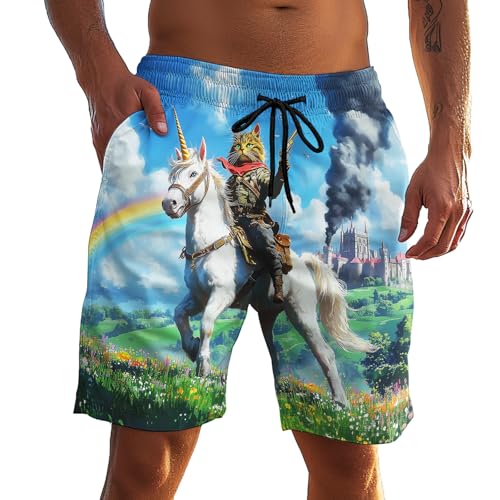 Men's Funny Cat Riding Unicorn with Gun Swim Trunks Boardshort Beach Shorts