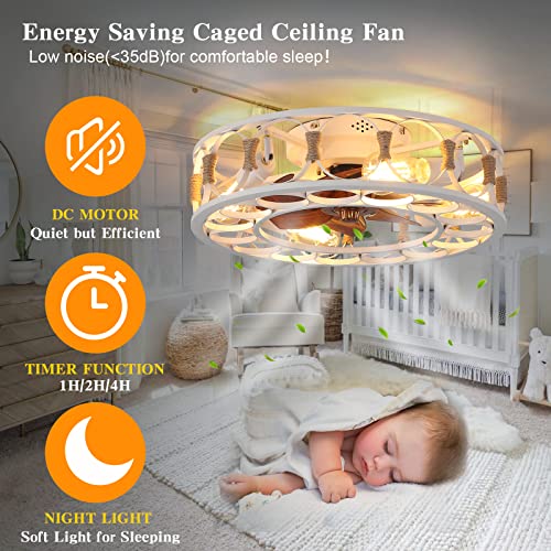 BUXVRCS 19.68'' Flush Mount Caged Ceiling Fan with Lights, Farmhouse Rustic Low Profile Ceiling Fans (Including 5 Bulbs) (White) - Image 5