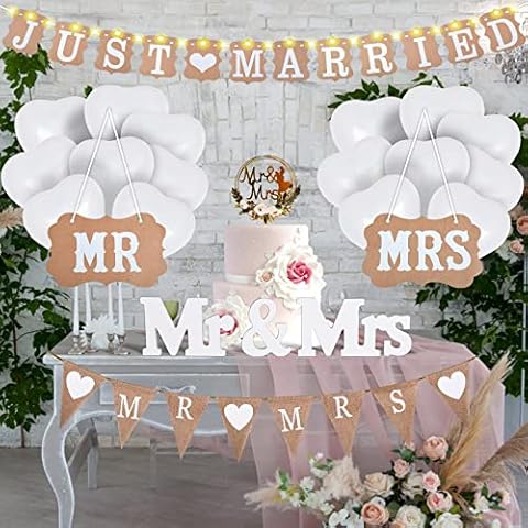Herefun Hochzeitsdeko Set, MR & MRS Deko Buchstaben Hochzeit, Just Married Girlande Vintage Wimpelkette Banner, Hochzeit Buchstaben Deko Holz für Hochzeitsdeko Rustikal Party und Brautdusche Cover