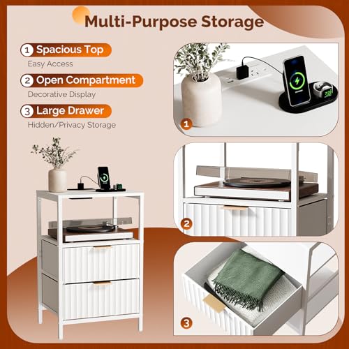 Image of VINGLI White Nightstand with Charging Station and Fabric Drawers, Fluted Nightstand with Drawers, White Side Table /Night Stand with Charging Station for Bedroom, Dorm, 14.96 inch W*11.81 inch D*23.78 inch H
