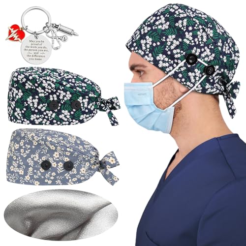 Image of 2 Pcs Satin Lined Scrub Cap Nurse Hats for Women Men 4 Buttons